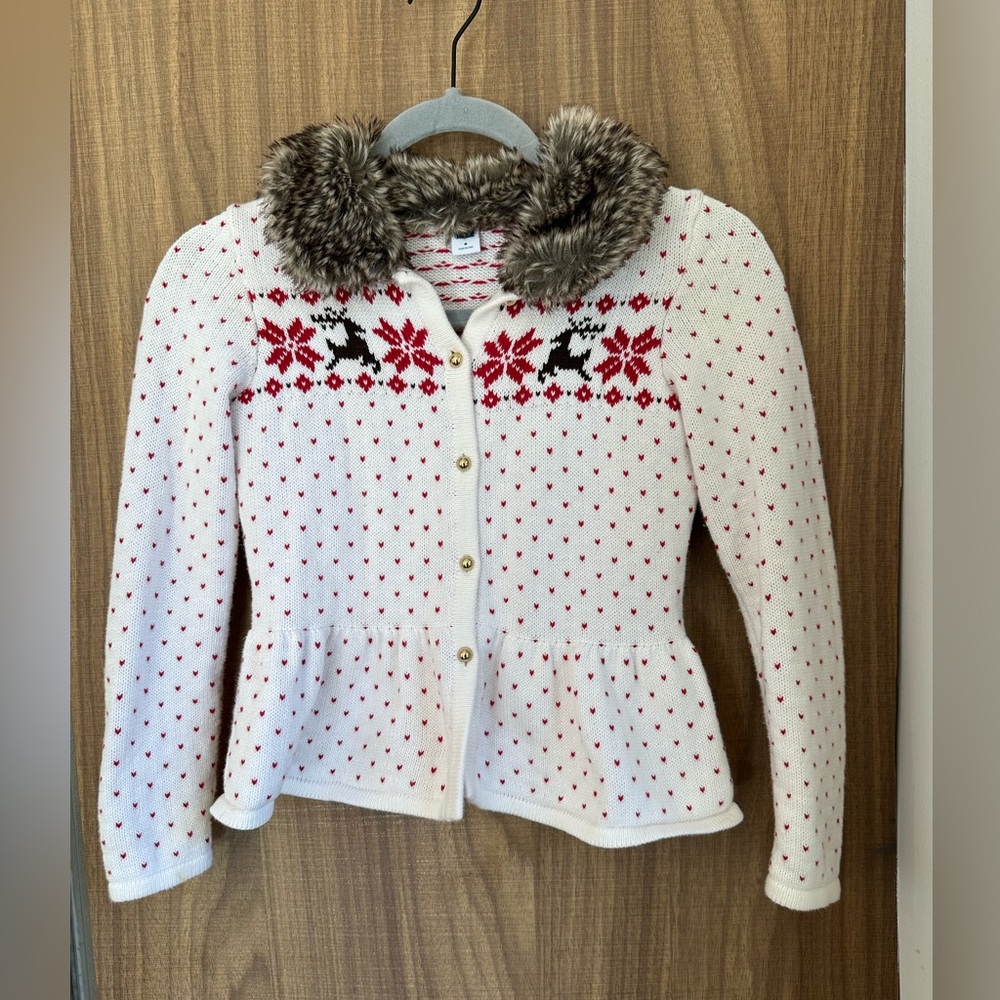 Janie and Jack knitted cotton argyle cardigan with faux fur collar